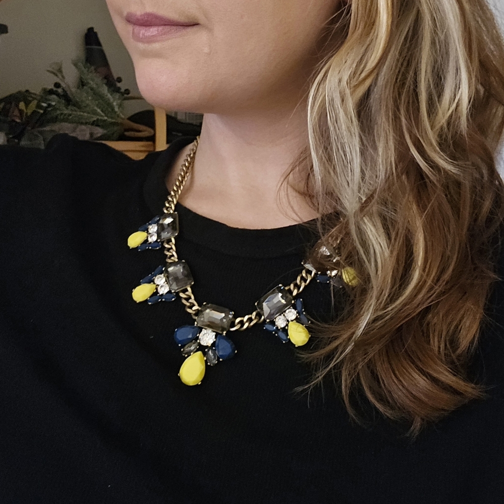 J.Crew Blue Yellow Chunky Statement Bib Necklace Crystal Brass Tone Chain 18”